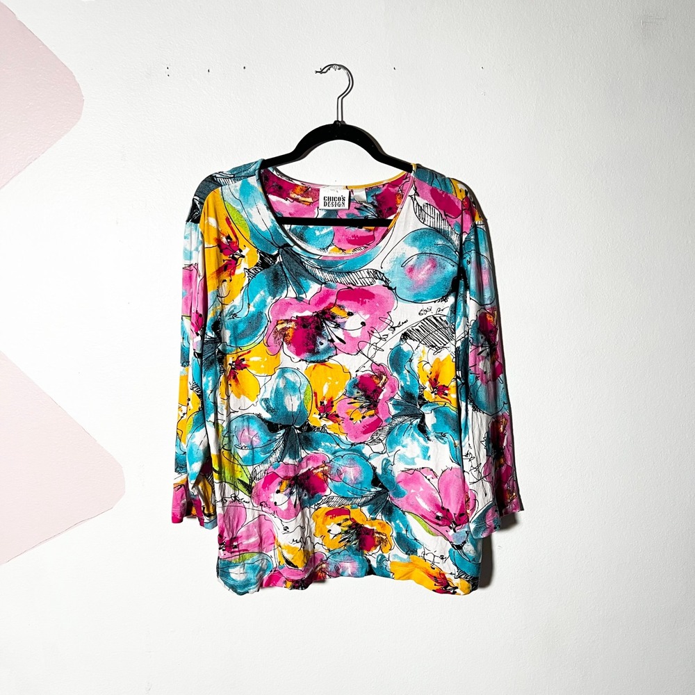 Chicos Tunic Top Size 3 Large XL Floral Watercolor Artsy Art To Wear